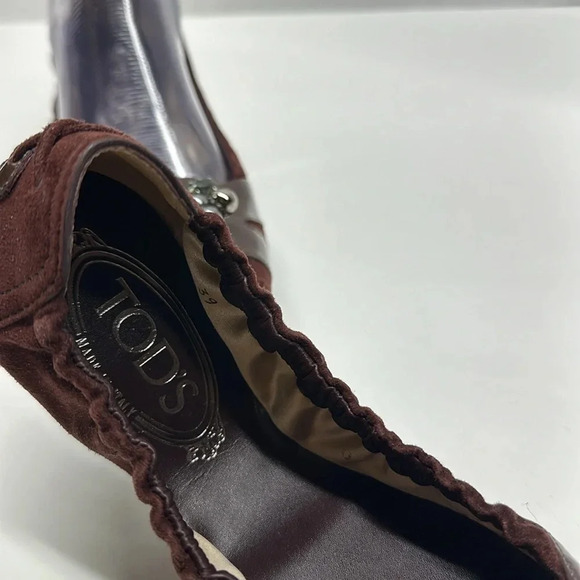 Tods Ballet Flats Slip On Shoes Jeweled Scrunch Back Suede Brown Size 39 US 9 - Picture 10 of 11